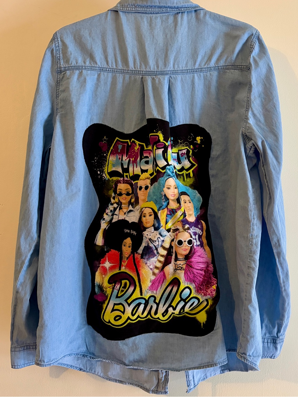 Denim Button Up Shirt Oversized Backstory Unisex Xl Malibu Barbie Back Graphic